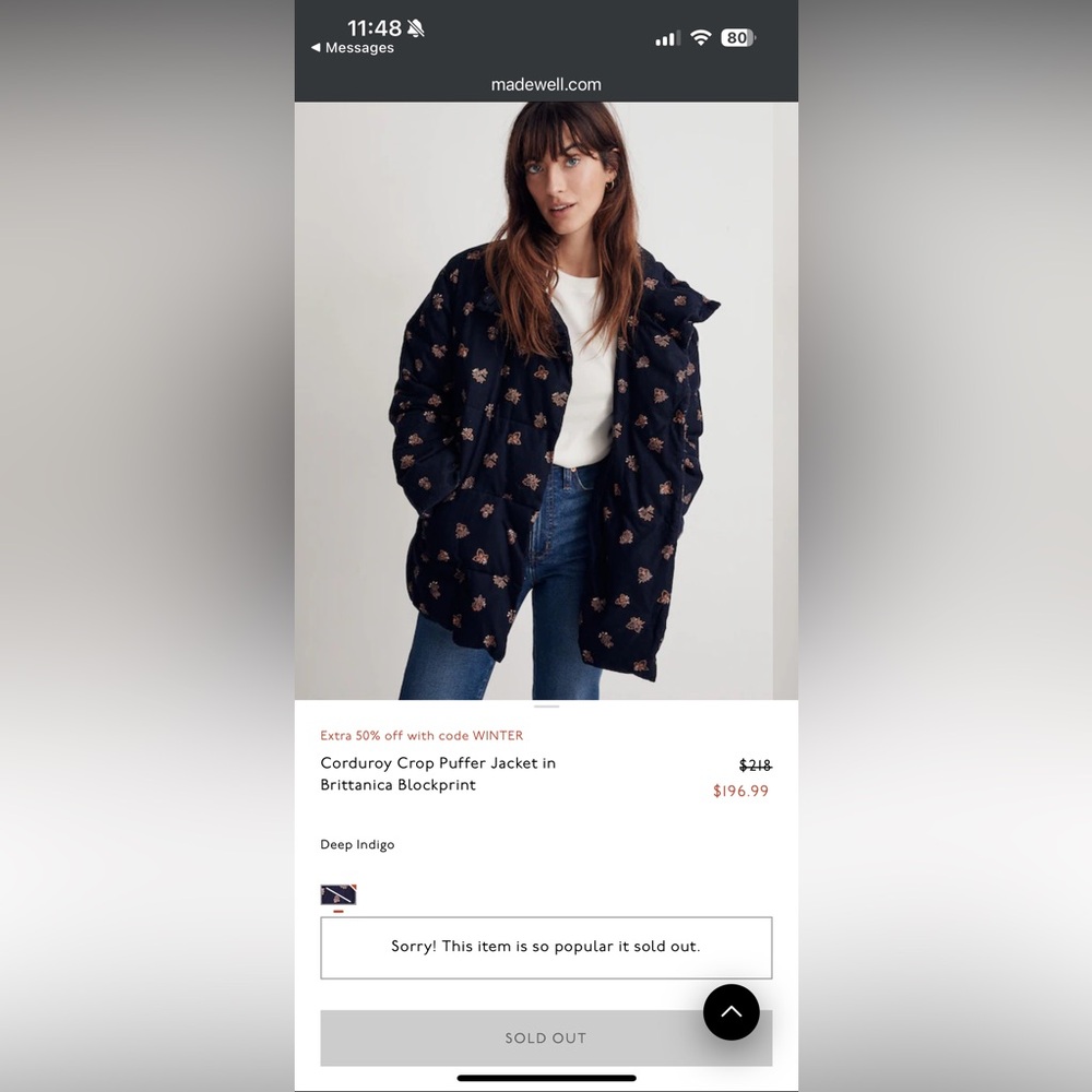 Madewell Deep Indigo Corduroy Crop Puffer Jacket with Blockprint